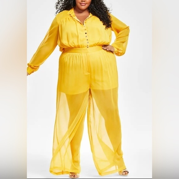 Nina Parkee Pants - Nina Parker Womens Yellow Wide Leg Long Sleeve Button-Front Jumpsuit Plus Size